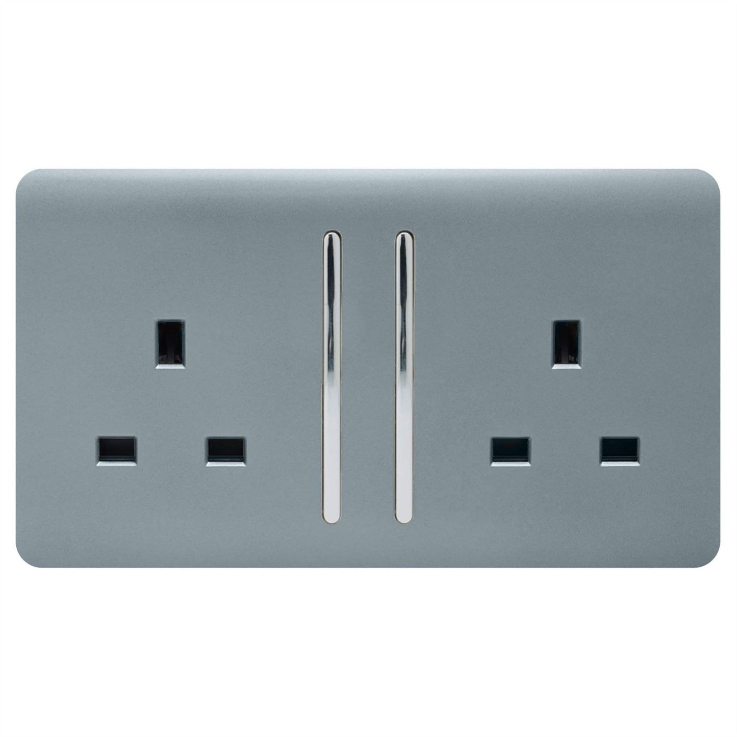 Trendi 2 Gang Raised Artistic Modern Glossy Screwless 13 Amp Single Pole with Chrome Switched UK Standard Electrical Double Wall Plug Socket in Cool Grey - ART-SKT213LCG