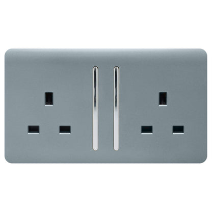 Trendi 2 Gang Raised Artistic Modern Glossy Screwless 13 Amp Single Pole with Chrome Switched UK Standard Electrical Double Wall Plug Socket in Cool Grey - ART-SKT213LCG