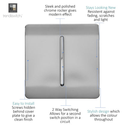 Trendi 1 Gang 2 Way 240V Screwless Raised Front Plate Plastic Artistic Modern Glossy 10 Amp Chrome Rocker Single Electrical Wall Light Switch in Brushed Steel