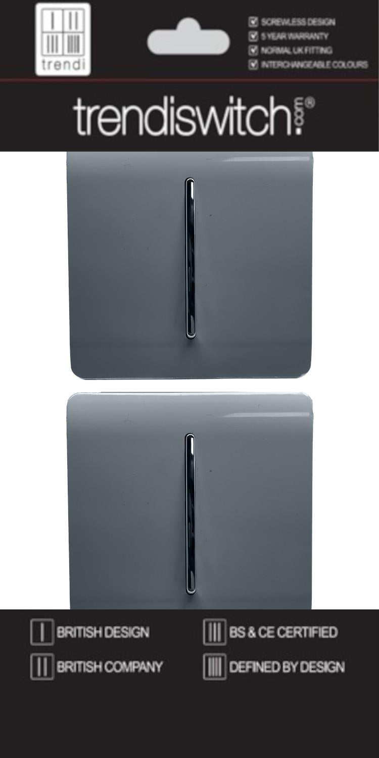 Trendi 1 Gang 2 Way 240V Screwless Artistic Modern Glossy 10 Amp Chrome Rocker Electrical Wall Light Switch in Warm Grey (2 PACK)
