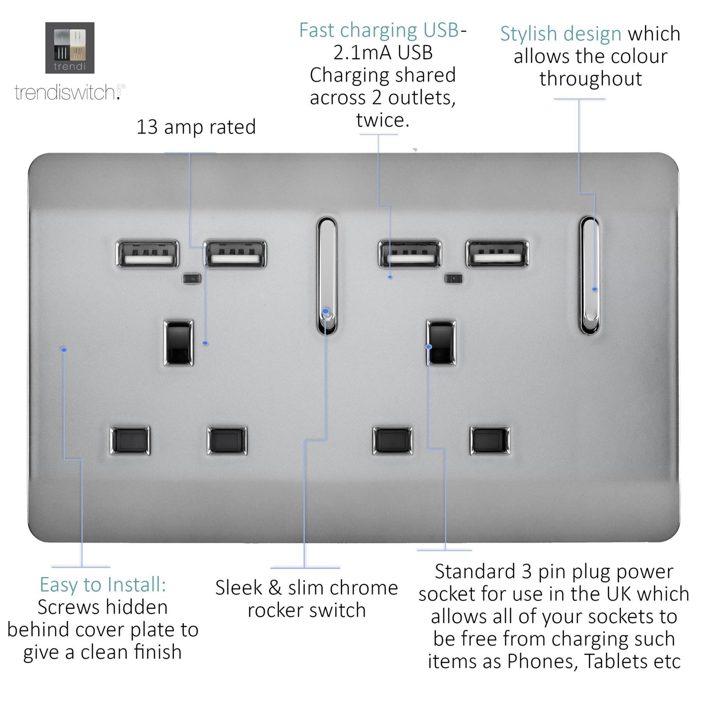 Trendi 2 Gang Artistic Modern 13 Amp 4 x 2.1mA USB Switched Tactile Plug Socket Stainless Steel