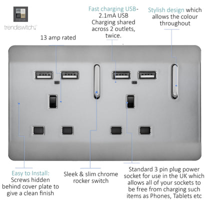 Trendi 2 Gang Artistic Modern 13 Amp 4 x 2.1mA USB Switched Tactile Plug Socket Stainless Steel