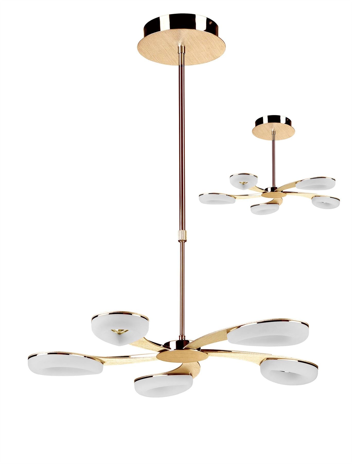 Mantra Fusion Juno 65cm Telescopic 5 Light 30W LED 3000K, 2700lm, Satin Gold/Frosted Acrylic/Gold, 3yrs Warranty