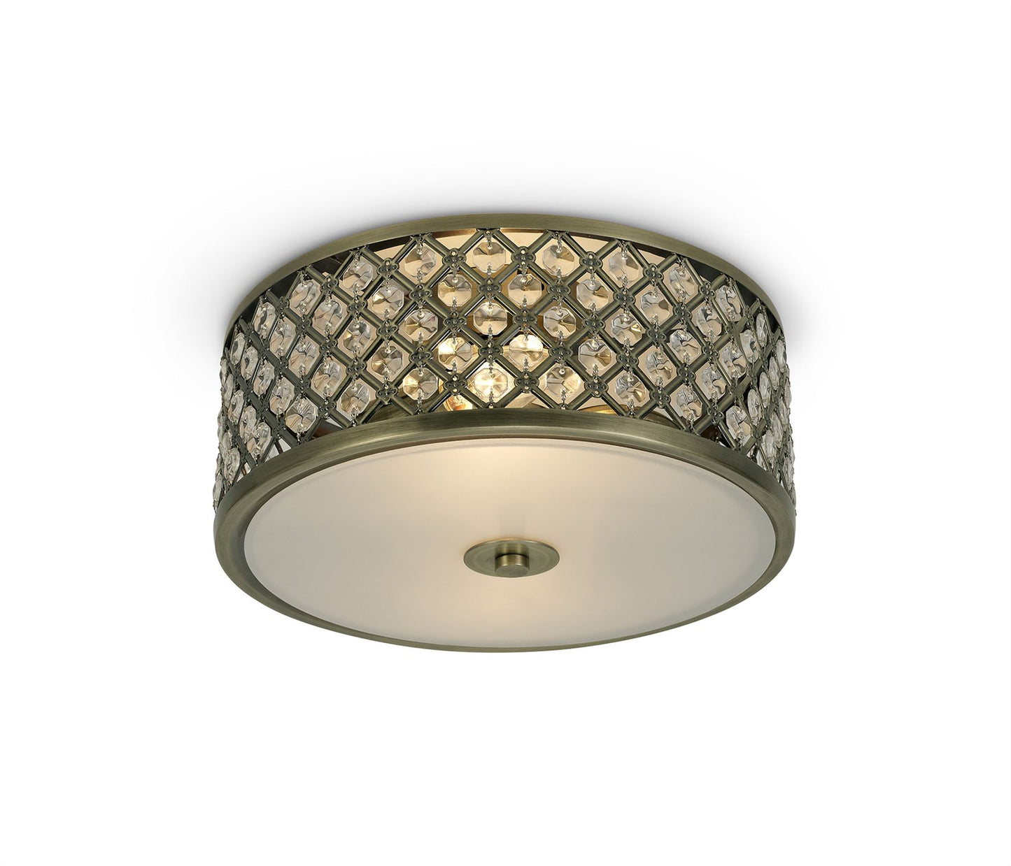Deco Sasha 2 Light E14, Flush Ceiling Light, 300mm Round, Antique Brass with Crystal Glass and Opal Glass Diffuser