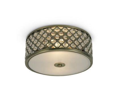 Deco Sasha 2 Light E14, Flush Ceiling Light, 300mm Round, Antique Brass with Crystal Glass and Opal Glass Diffuser